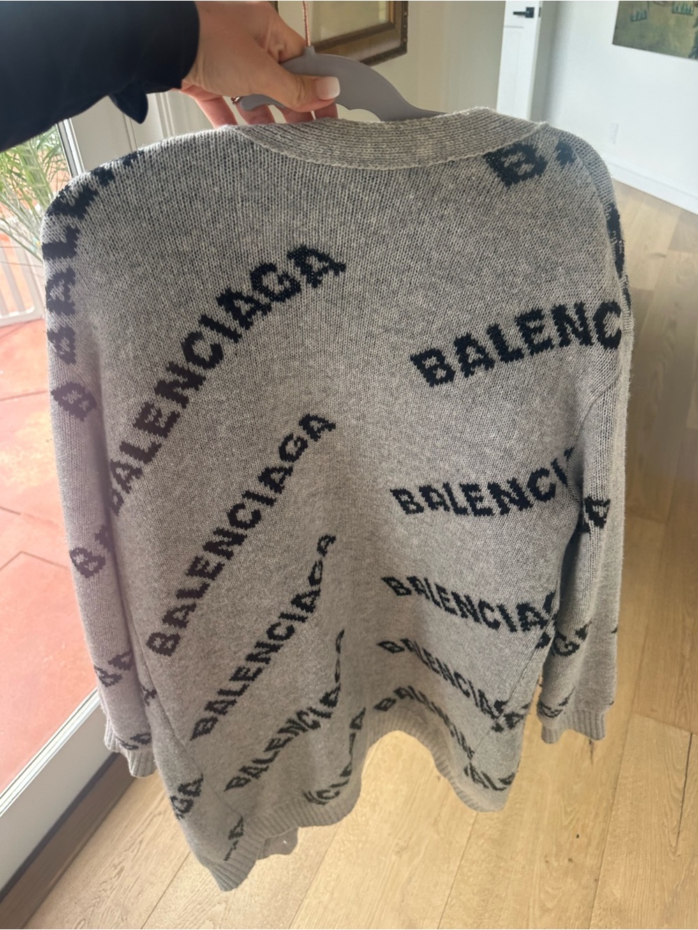 Balenciaga Gray Logo Knit Cardigan with Black Branding